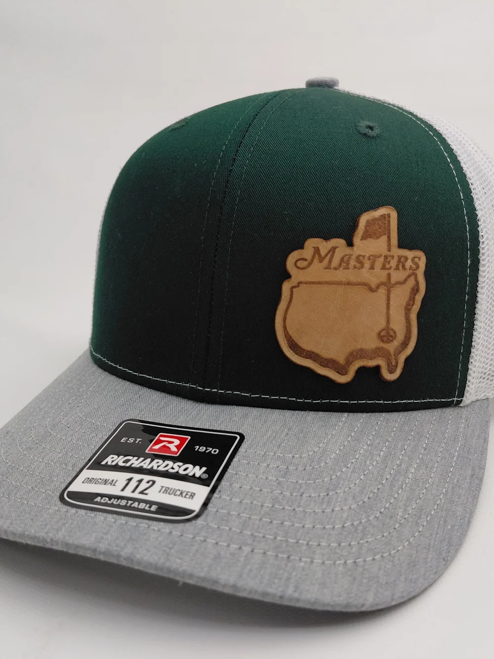 Richardson Trucker Hat with Masters Leather Patch - Dark Green & Gray
